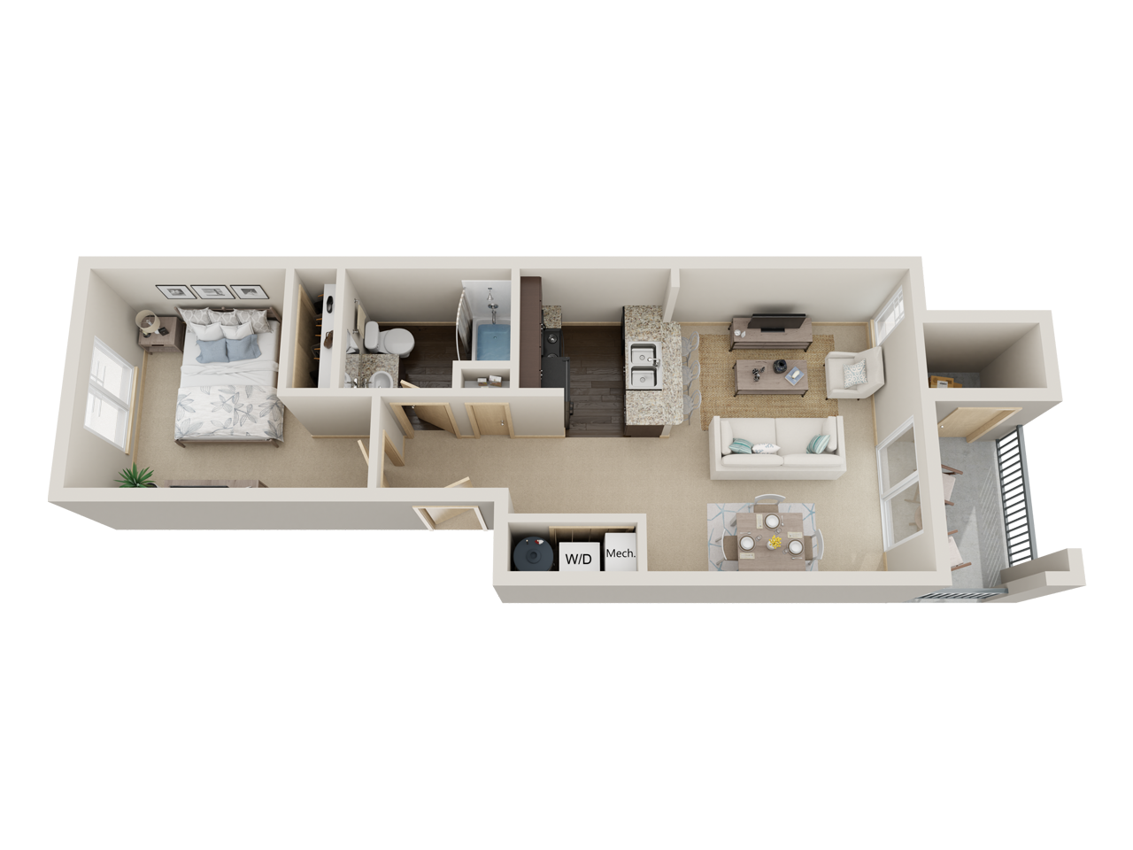 Floor plan for 1 bed, 1 bath, 588 sqft